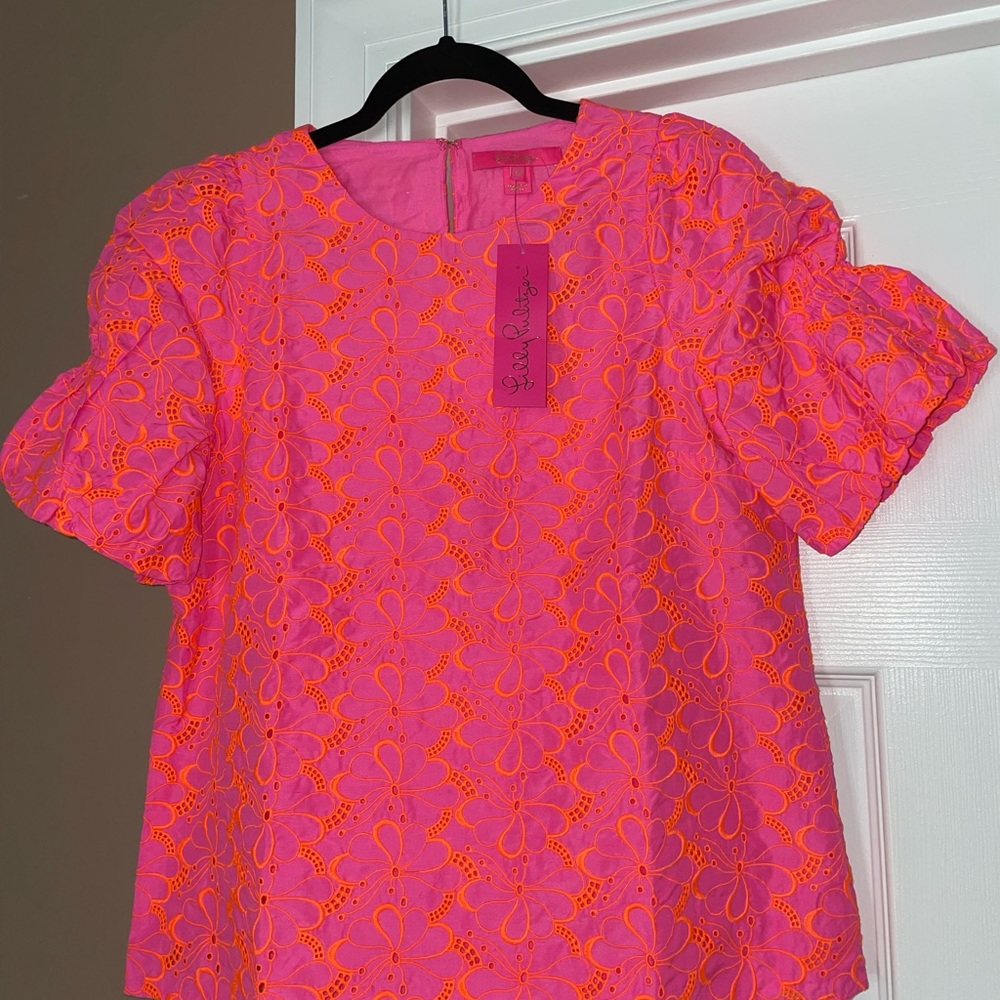 Lilly Pulitzer Pink and Neon Orange Eyelet Flutter Sleeve Top